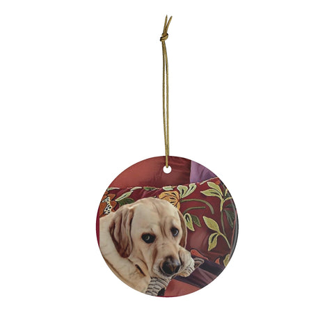 Lucky dog caught on the bed ... Ceramic Christmas Ornament