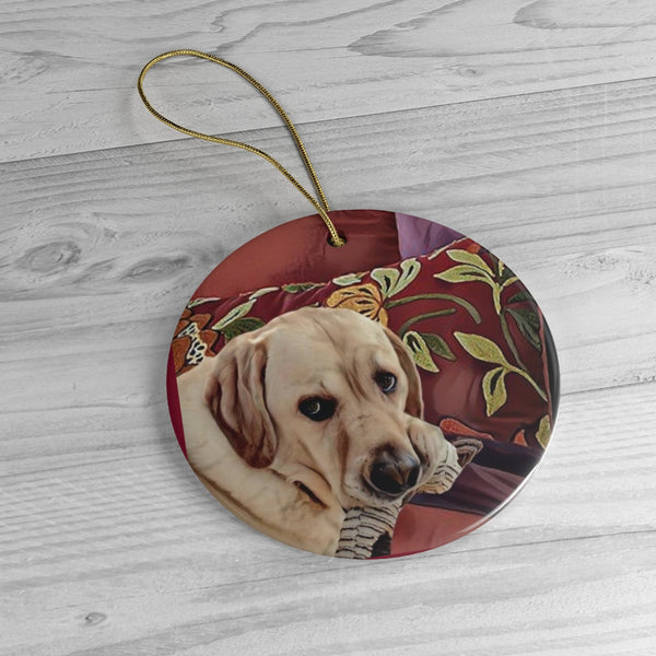 Lucky dog caught on the bed ... Ceramic Christmas Ornament