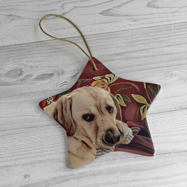 Lucky dog caught on the bed ... Ceramic Christmas Ornament