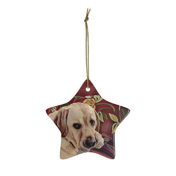 Lucky dog caught on the bed ... Ceramic Christmas Ornament