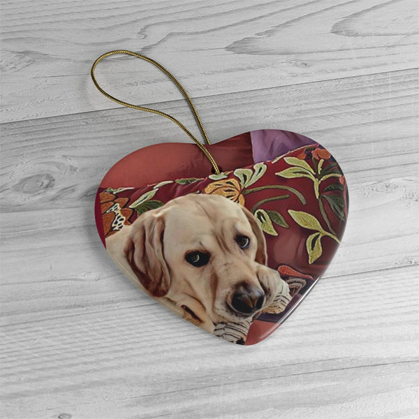 Lucky dog caught on the bed ... Ceramic Christmas Ornament