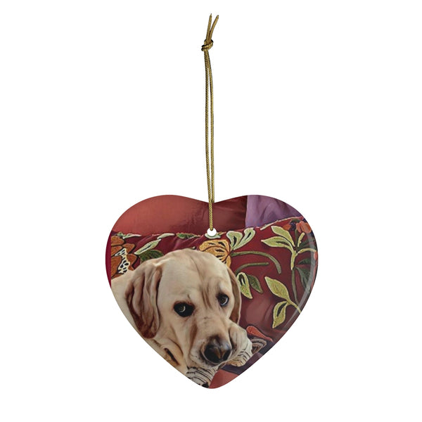 Lucky dog caught on the bed ... Ceramic Christmas Ornament